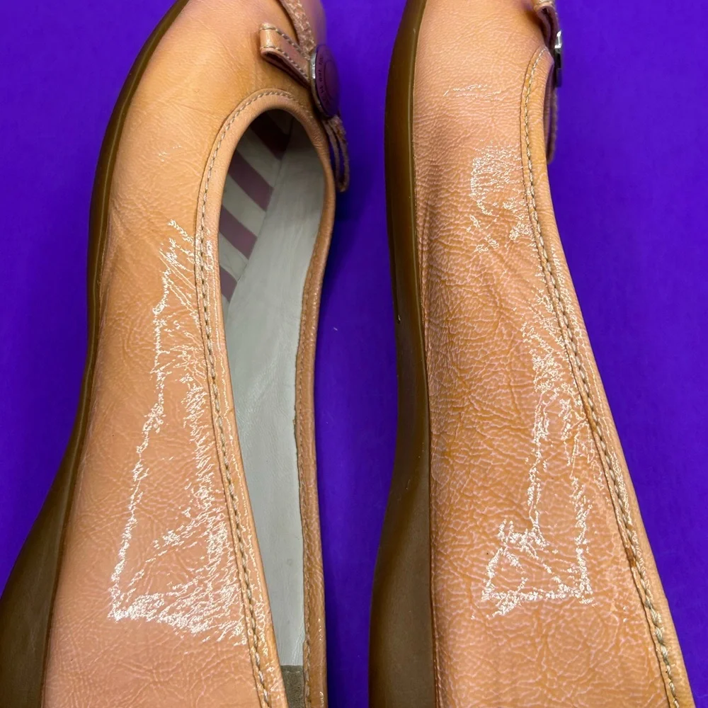 Coach Tan Leather Ballet Flats with Purple Button Detail